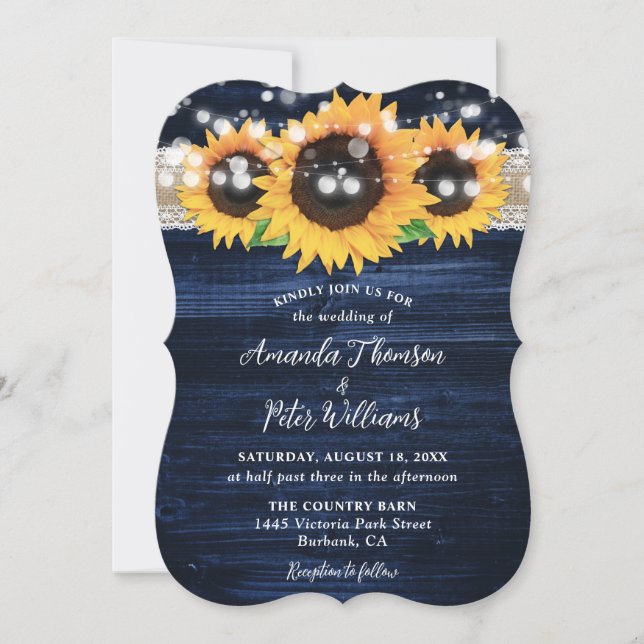 Invitation Mariage en bois de la Marine Blue Sunflower String (Devant)