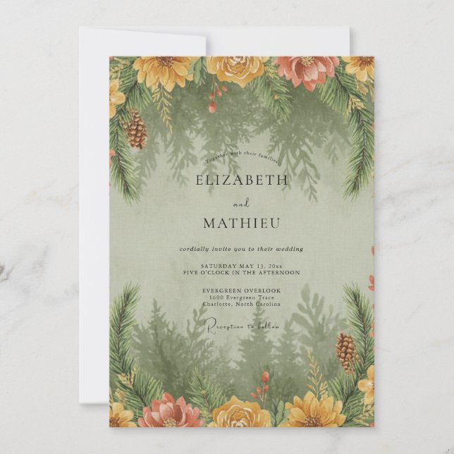 Invitation Mariage en bois de sapin eucalyptus moutarde (Devant)