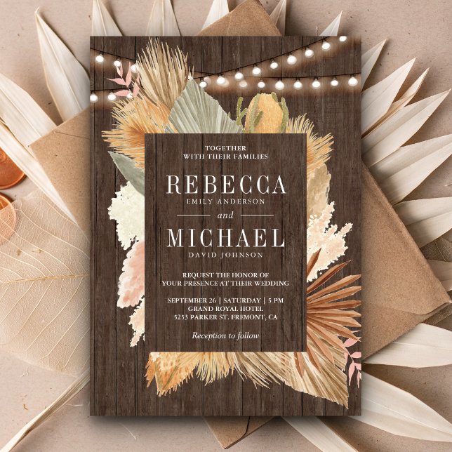 Invitation Mariage en bois feuilles de palmier séchées herbe  (Créateur téléchargé)