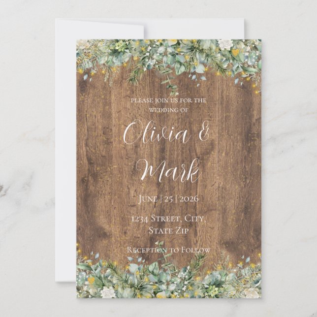 Invitation Mariage en Bois Floral Blanc et Eucalyptus Or Rust (Devant)