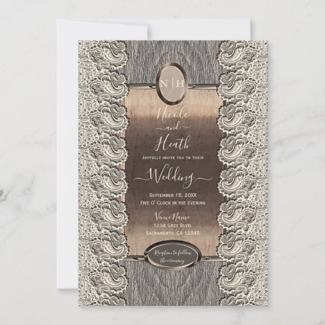 Invitation Mariage en bois gris et cuivre avec dentelle de cr (Devant)