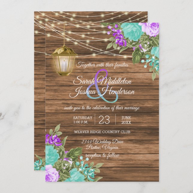 Invitation Mariage en bois, lanterne et violet et Turquoise (Devant / Derrière)