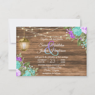 Invitation Mariage en bois, lanterne, Turquoise et violet