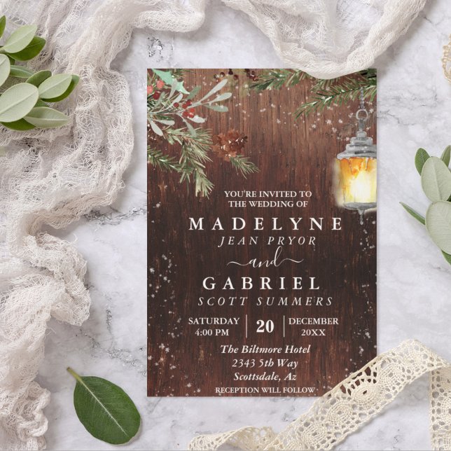 Invitation Mariage en Bois Noël Hiver Pin Rustique (Créateur téléchargé)