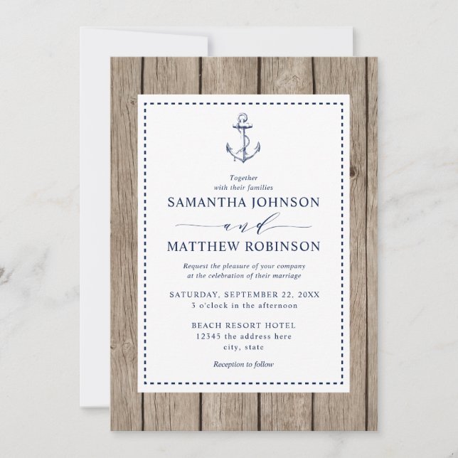 Invitation Mariage en Bois Rustique Ancre de Marine (Devant)