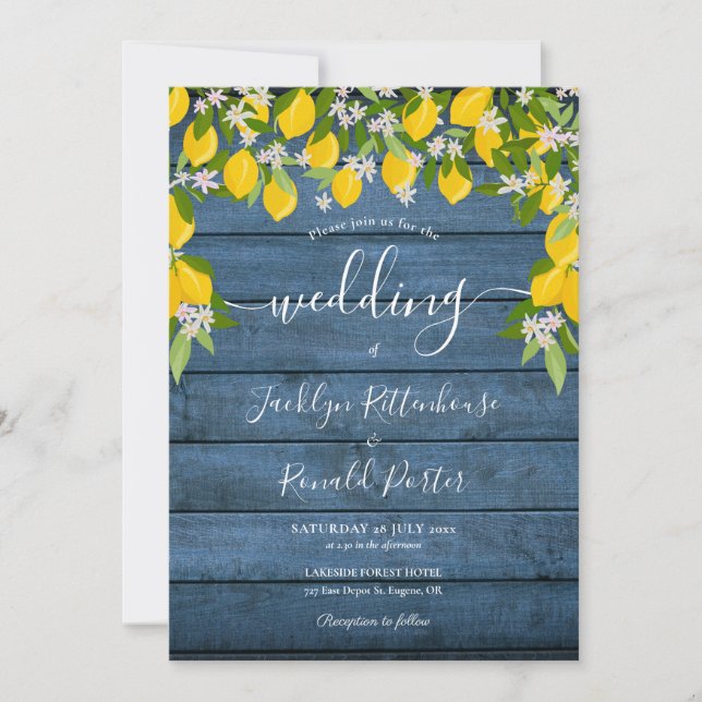 Invitation Mariage en Bois Rustique Bleu avec Citrons (Devant)