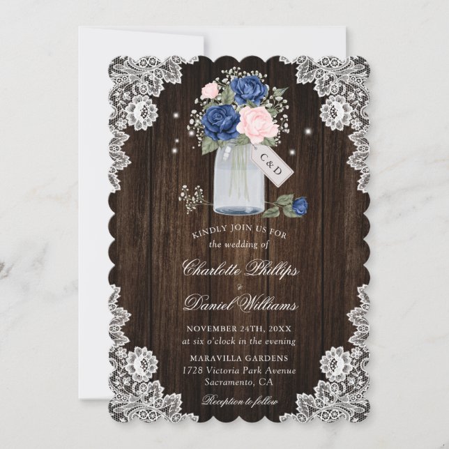 Invitation Mariage en bois rustique bleu bleu marine (Devant)