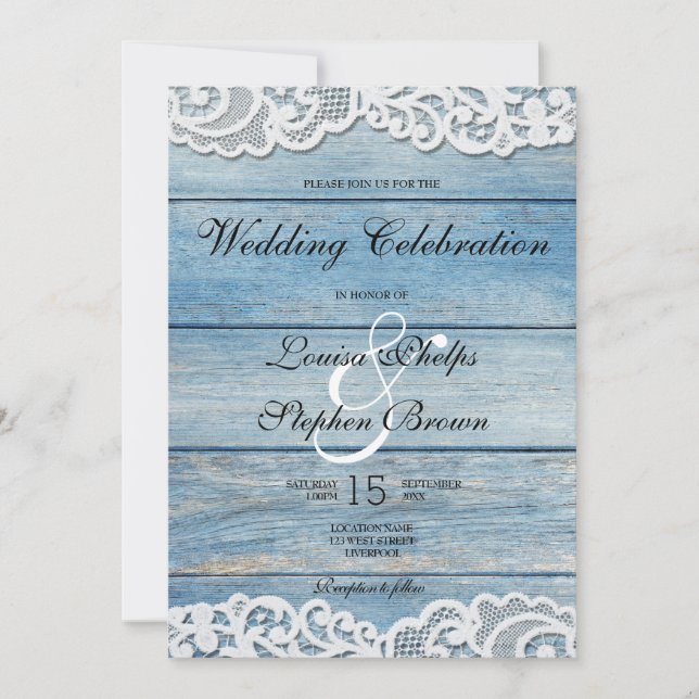 Invitation Mariage en bois rustique bleu et dentelle (Devant)