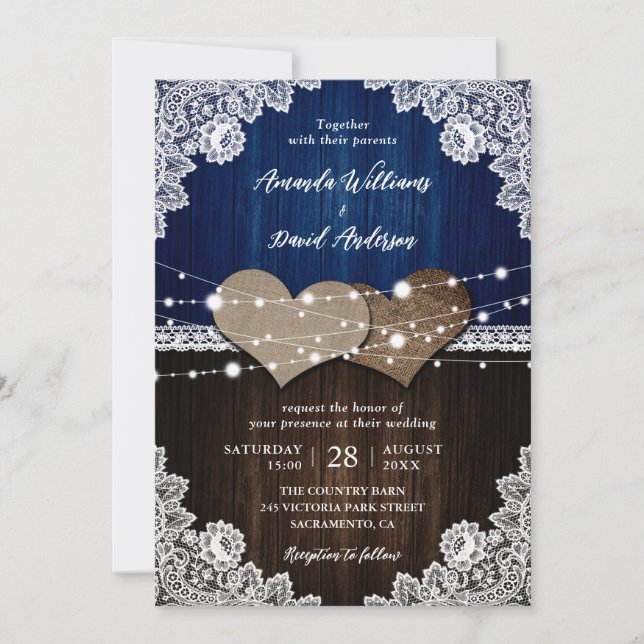 Invitation Mariage en bois rustique bleu marine (Devant)