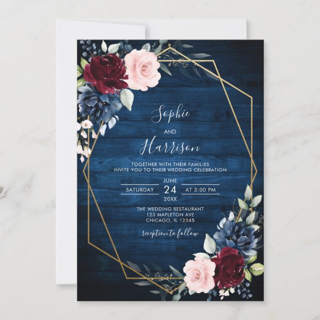 Invitation Mariage en bois rustique bleu marine Bourgogne (Devant)
