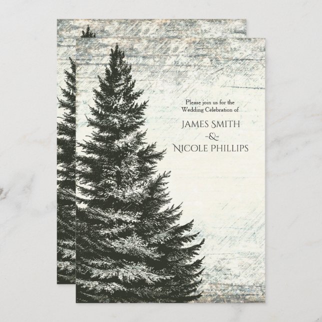 Invitation Mariage en bois rustique d'arbre de pin d'hiver de (Devant / Derrière)