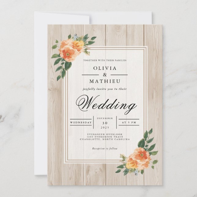 Invitation Mariage en bois rustique de la fleur de Pêche (Devant)