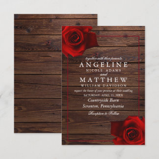 Invitation Mariage en bois rustique de la Rose rouge de Bourg