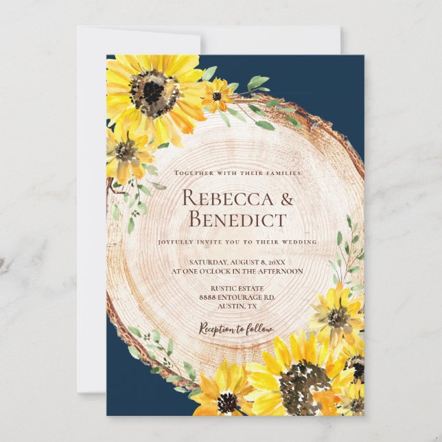 Invitation Mariage en bois rustique de tournesol bleu marine (Devant)