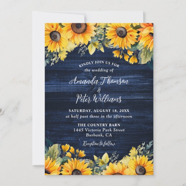 Invitation Mariage en bois rustique de tournesol bleu marine (Devant)