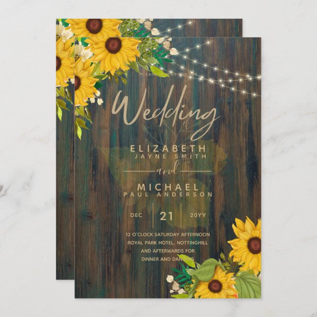 Invitation Mariage en bois rustique des tournesols d'été (Devant / Derrière)