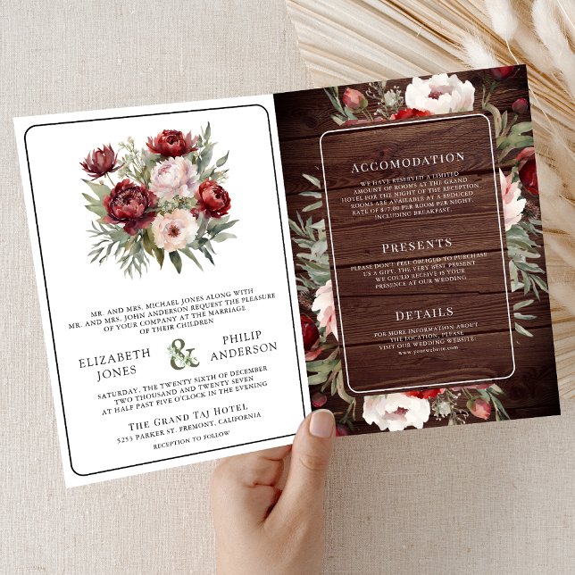 Invitation Mariage en Bois Rustique Fleurs Rose Teinté de Bou (Créateur téléchargé)