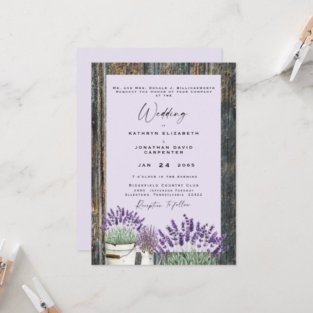Invitation Mariage en Bois Rustique Lilas Clair (Devant/Arrière en situation)