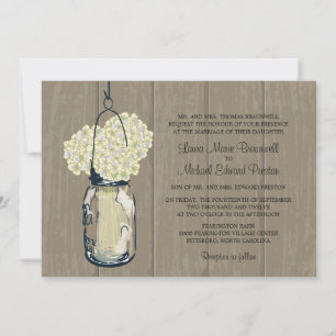 Invitation Mariage en bois rustique Mason Jar Hydrangeas