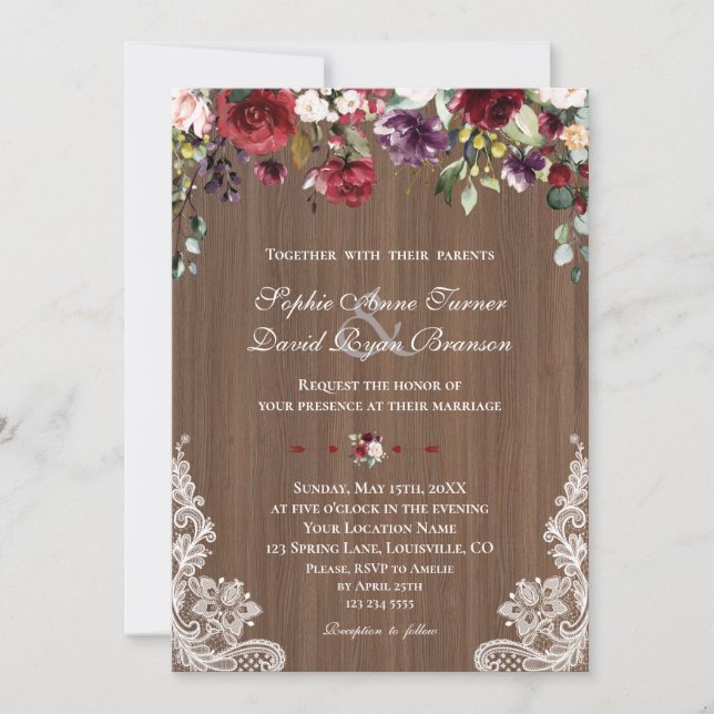 Invitation Mariage en bois vintage dentelle bordeaux (Devant)