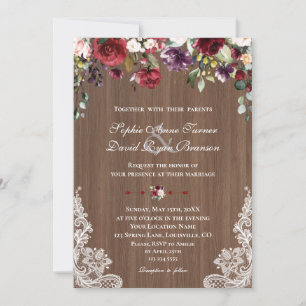 Invitation Mariage en bois vintage dentelle bordeaux