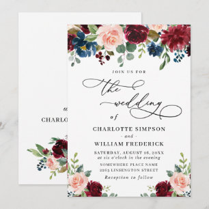 Invitation Mariage en Bourgogne, Navy, Eucalyptus, Rose et Ve