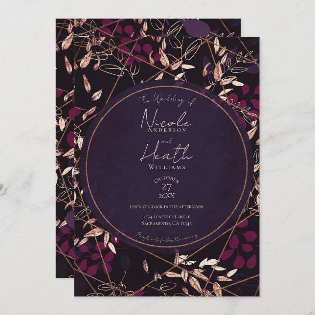 Invitation Mariage en bronze de fleurs foncées et violettes (Devant / Derrière)