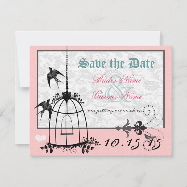 Invitation Mariage en cage d'oiseaux rose Damas Enregistrer l (Devant)
