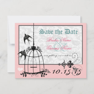 Invitation Mariage en cage d'oiseaux rose Damas Enregistrer l