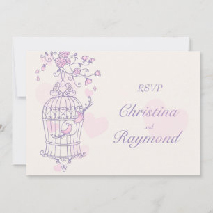 Invitation Mariage en cage ouverte aux oiseaux violets et ros