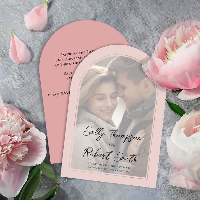 Invitation Mariage en calligraphie script rose pastel (Elegant blush pink arch photo wedding invitations.)