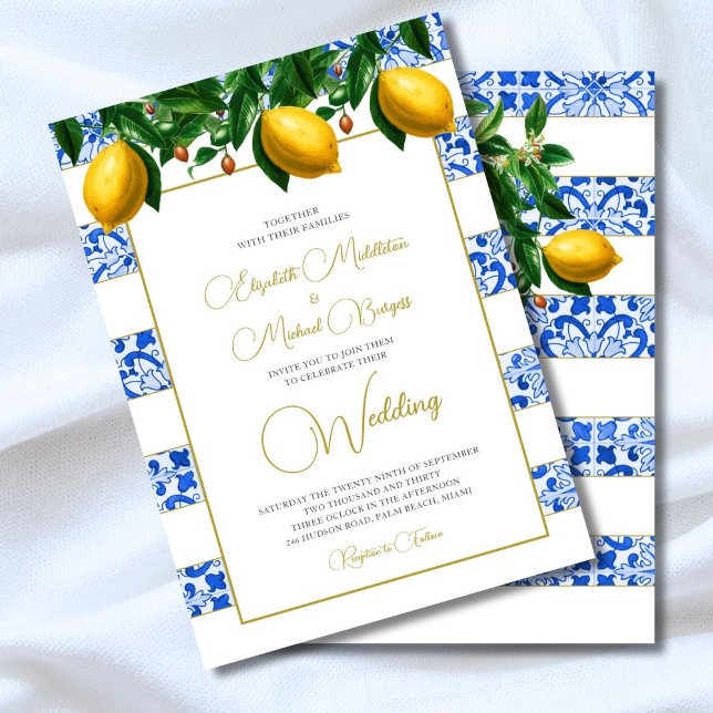 Invitation Mariage en carreaux bleus citron (Créateur téléchargé)