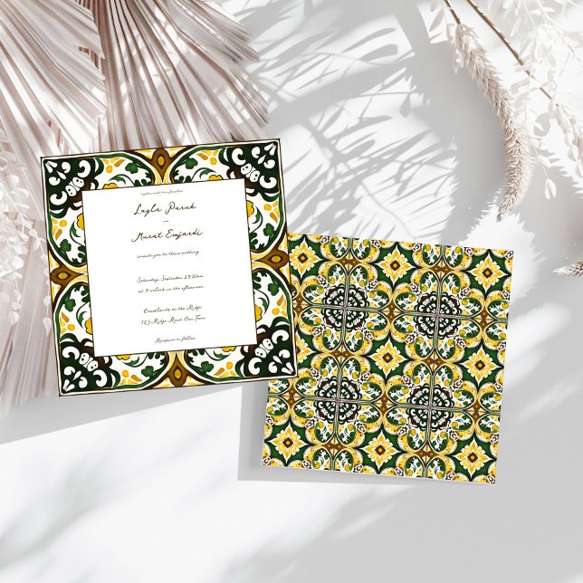Invitation Mariage en carreaux de faïence vert jaune méditerr (Green yellow Portuguese Mediterranean folk art art ornate tile wedding Invitation template download)