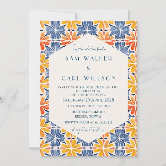 Invitation Mariage en carreaux orange jaune Fleur (Devant)