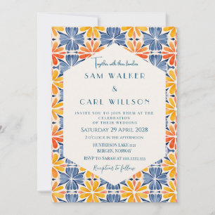 Invitation Mariage en carreaux orange jaune Fleur