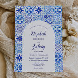Invitation Mariage en carreaux portugais Arc bleu rustique<br><div class="desc">Ce design rustique est orné d'un motif arrière - plan de carreaux portugais bleu et blanc d'aquarelle, ou azulejos. Personnalisez-le avec les noms de la mariée et du marié dans le script de calligraphie bleu et le texte restant dans une combinaison de sans serif, cuivre et italique sur une forme...</div>