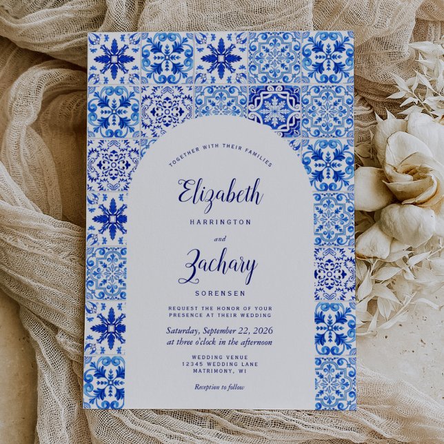 Invitation Mariage en carreaux portugais Arc bleu rustique (Créateur téléchargé)