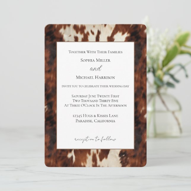 Invitation Mariage en cuir de vache couleur crème marron west (Debout devant)
