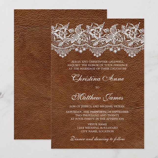 Invitation Mariage en cuir et dentelle (Devant / Derrière)