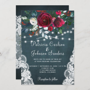 Invitation Mariage en dentelle avec des pivoines bordeaux rus