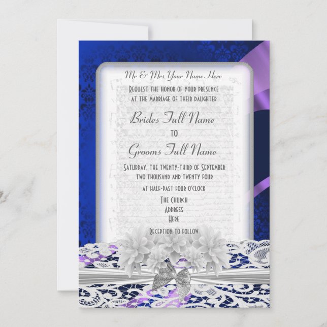 Invitation Mariage en dentelle blanche bleu marine (Devant)