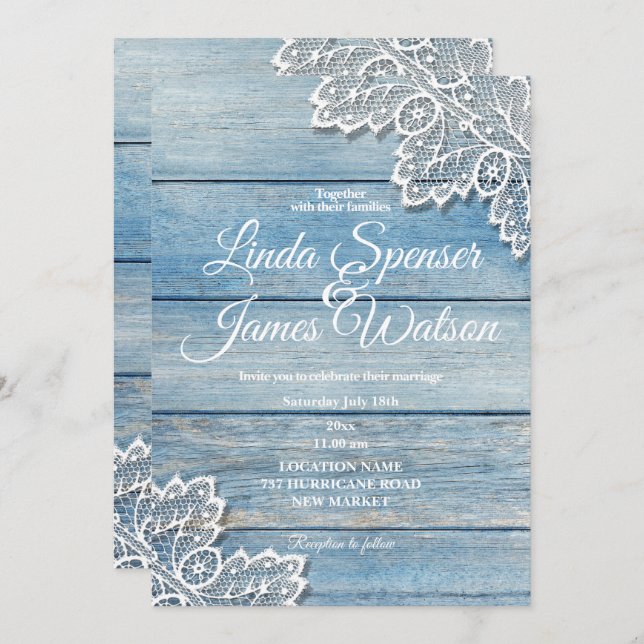Invitation Mariage en dentelle blanche et en bois bleu pastel (Devant / Derrière)
