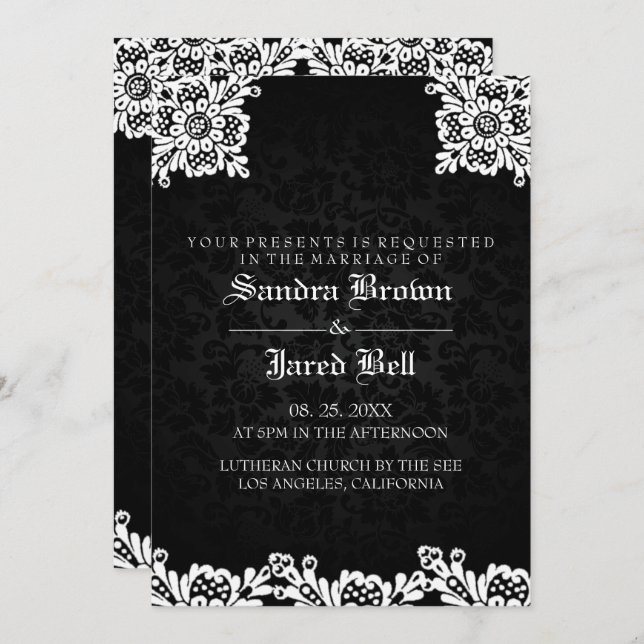 Invitation Mariage en dentelle blanche noire Damask (Devant / Derrière)