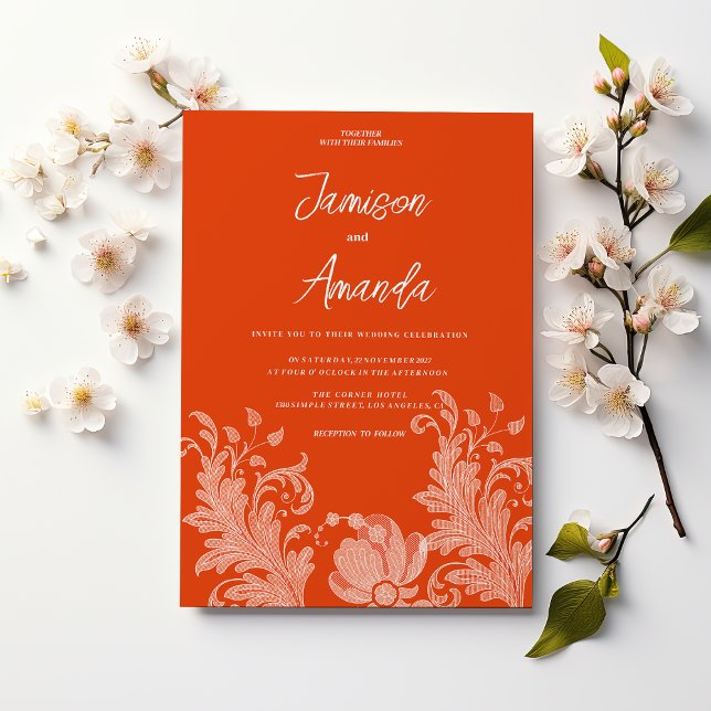 Invitation Mariage en dentelle blanche orange cannelle (Cinnamon orange white floral lace Wedding )
