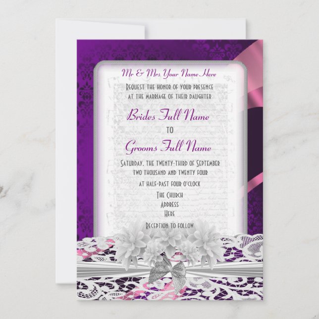 Invitation Mariage en dentelle blanche pourpre damassé (Devant)