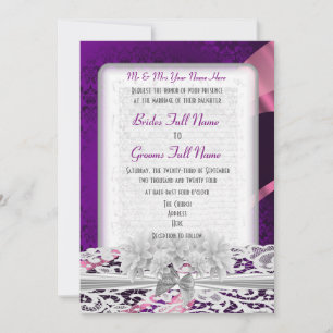 Invitation Mariage en dentelle blanche pourpre damassé