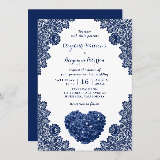 Invitation Mariage en dentelle bleu marine (Devant / Derrière)
