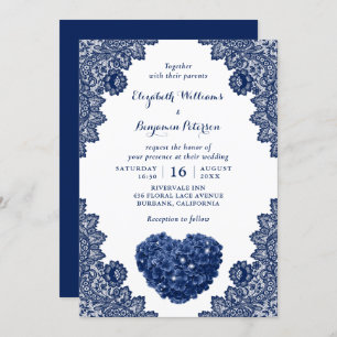 Invitation Mariage en dentelle bleue marine personnalisée Hyd