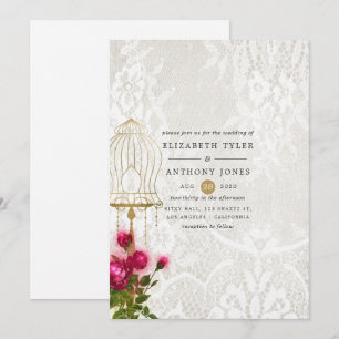Invitation Mariage en dentelle de cage à oiseaux vintage orné