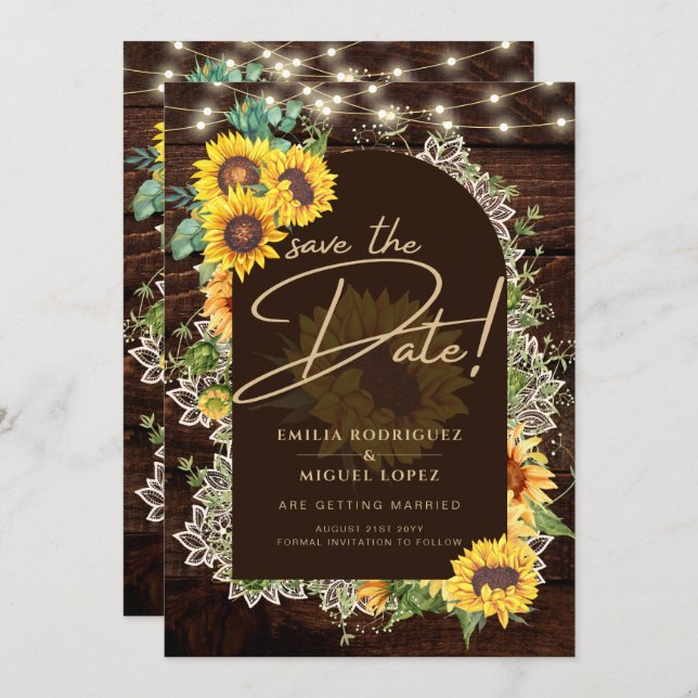 Invitation Mariage en dentelle de tournesol rustique (Devant / Derrière)